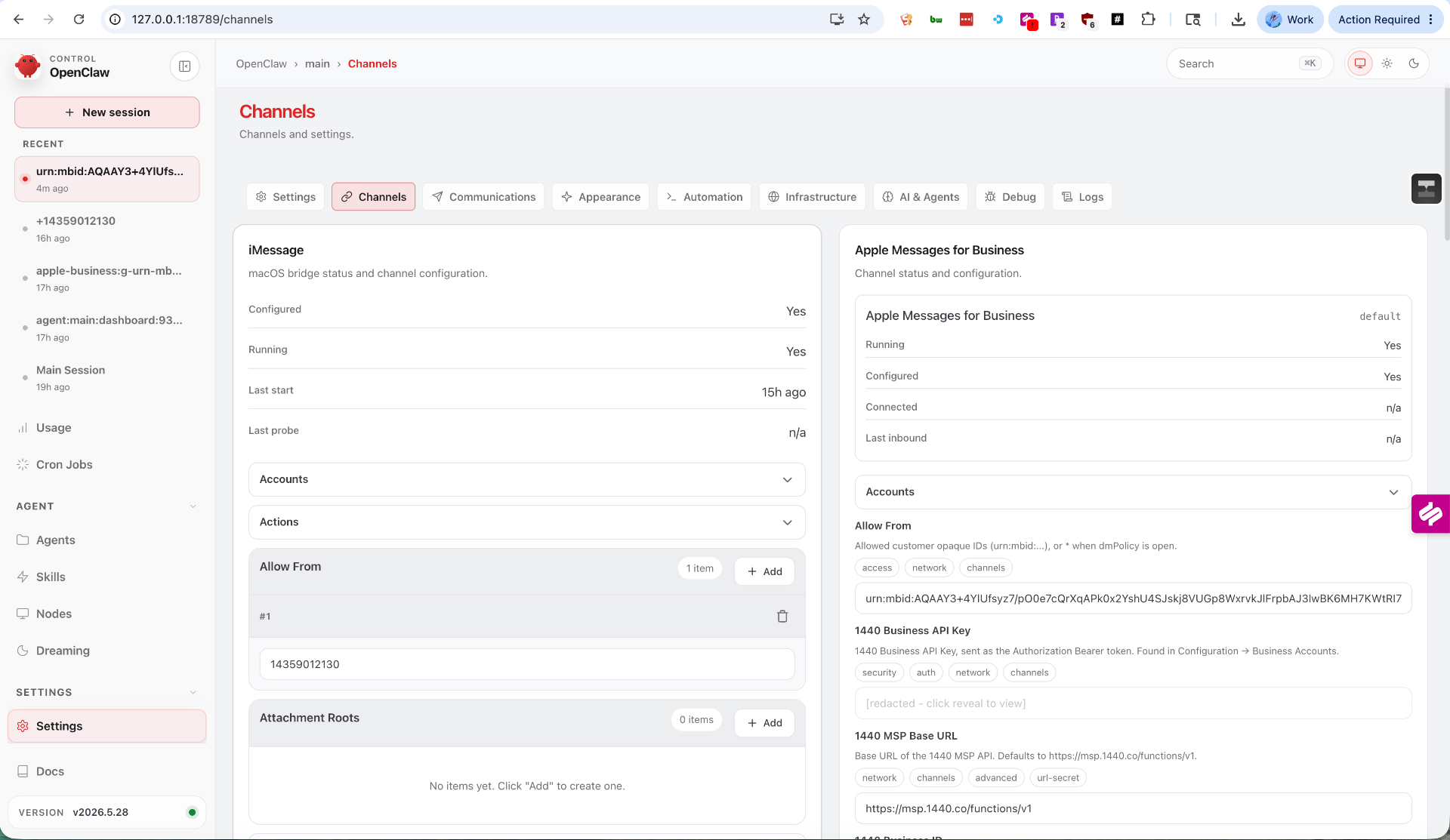 OpenClaw Channels tab showing iMessage and Apple Messages for Business configured side by side, with Allow From IDs, 1440 Business API Key, and 1440 MSP Base URL settings.