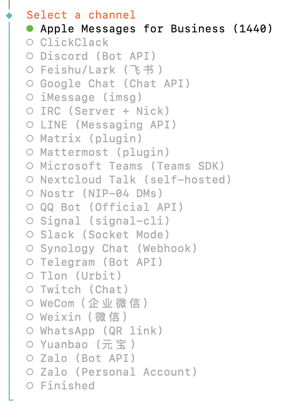 OpenClaw channel selector showing Apple Messages for Business (1440) at the top of the list, with iMessage, Slack, Telegram, WhatsApp and other channels below.