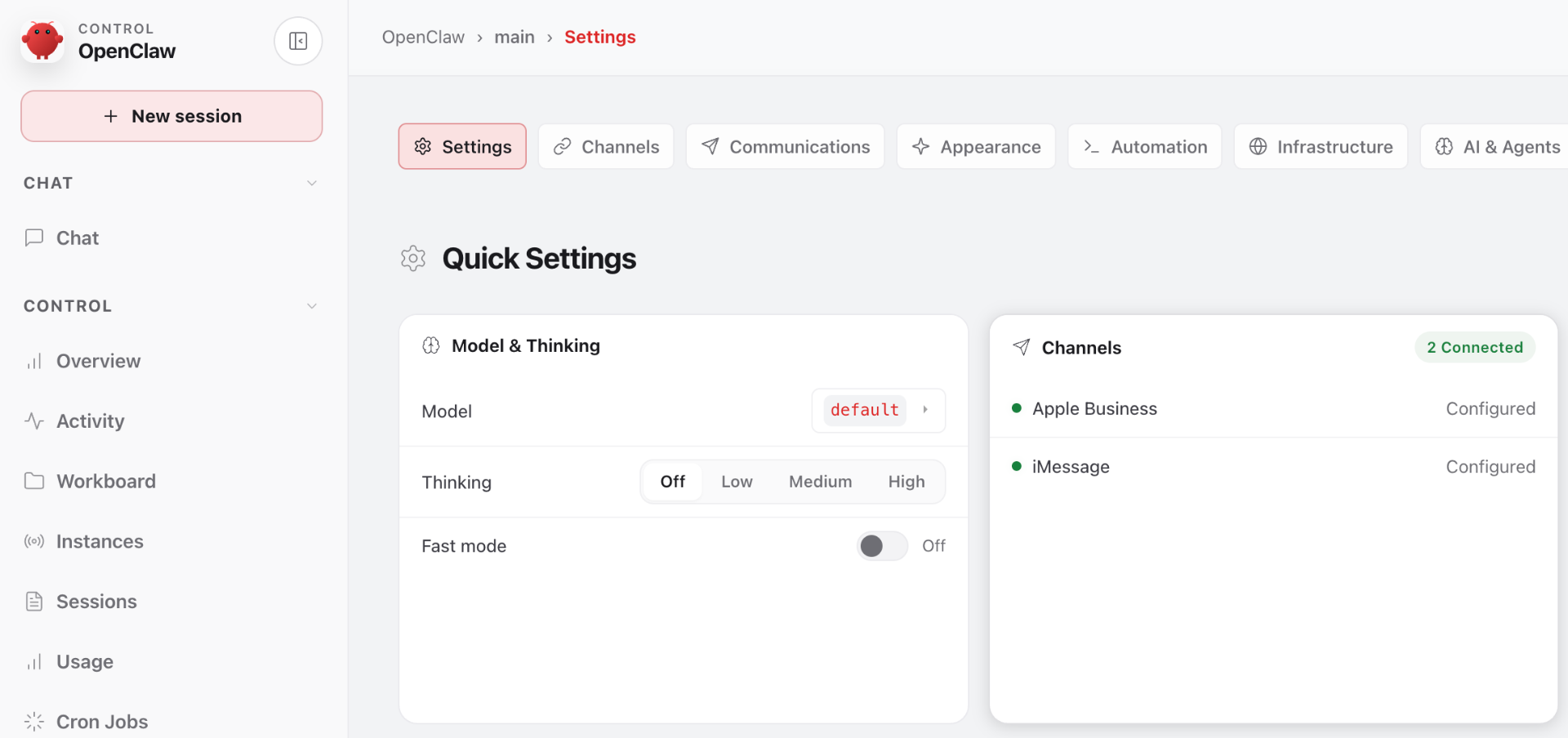 OpenClaw Quick Settings panel showing two connected channels — Apple Business and iMessage — both marked Configured.